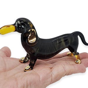 Small 5.25&quot; Long Black Dachshund Figurines Miniature Dog Blown Glass Dogs Figures Crystal Pet Decor Puppy Collectible Figurine Animals Gifts