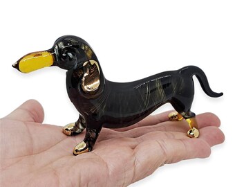 Figuras pequeñas de perro salchicha negro de 13,2 cm de largo, miniatura de perro de vidrio soplado, decoración de cristal para mascotas, figura coleccionable de cachorro, regalos de animales.