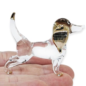 Tiny 2.25&quot;L Clear Gold Dachshund Figurines Miniature Dog Blown Glass Dogs Figures Crystal Pet Decor Puppy Collectible Figurine Animals Gifts