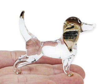 Figuras diminutas de perro salchicha dorado transparente de 5,7 cm de largo, de vidrio soplado, para decoración de mascotas, coleccionables, regalos de animales.
