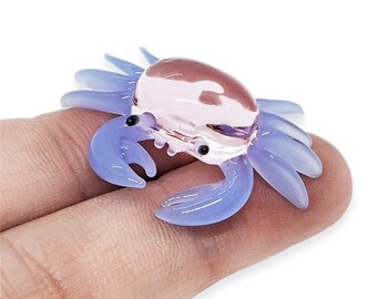 1.5" L Blue Pink Crab Figurine Miniature Blown Glass Crabs Crustacean Multicolor Crystal Animal Dollhouse Collectible Sea Creature Figurines