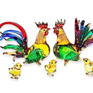 Small 5 Pieces Multicolor Chicken Family Figurine Rooster Miniature Blown Glass Crystal Farm Animals Figurines Hen Collectible Chick Figures