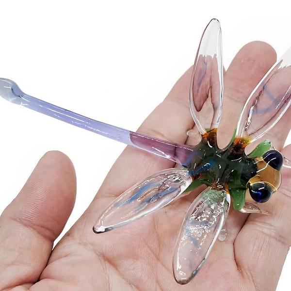 Figura de libélula azul y verde de 11,4 cm de largo, miniatura de vidrio soplado a mano, insectos, animales, adornos coloridos, libélulas, insectos de cristal.