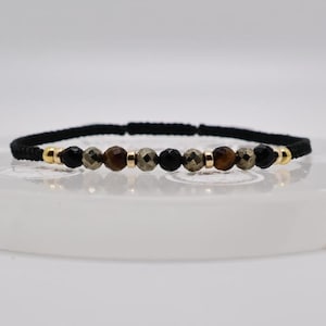 Schwarzer Turmalin Tigerauge Pyrit Makramee Armband, 4 mm Edelstein Schutz Schmuck