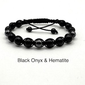 Armband med svart onyx och hematit | Armband med makramésten | Justerbara smycken med helande kristaller