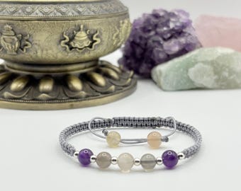 Labradorite Amethyst Moonstone Bracelet: Handmade Gemstone Macrame Jewelry