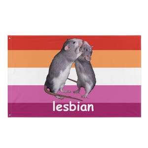 May include: A lesbian pride flag with a red, orange, white, pink, and purple horizontal stripe pattern. Two gray rats are kissing in the center of the flag. The word "lesbian" is printed in white below the rats.