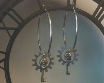 2 in Skull and Gear Hoop Handmade Earring