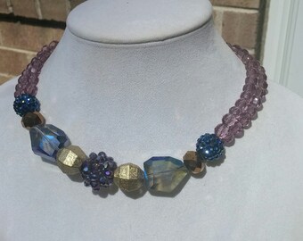 Chunky Mauve double stranded Necklace with Gold and Iridescent Accent Beads
