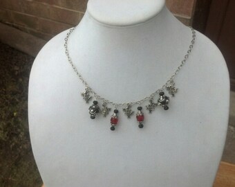 Alice in Wonderland Inspired White Rabbit with Red, Black Beads Handmade Chain Necklace