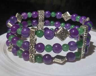 Cuff Wire Wrap Bracelet with Purple and Green Stone Beads with Silver Accent Beads
