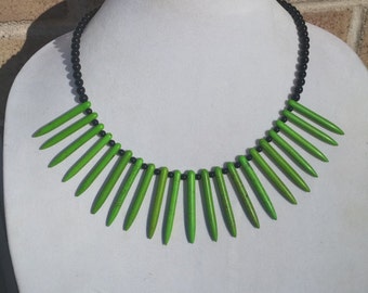 Onyx & Green Stone Spike Handmade Necklace with Lg Lobster Claw Clasp