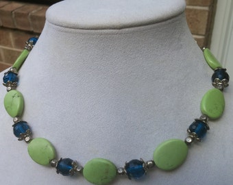 Lime Turquoise with blue and silver beads handmade necklace