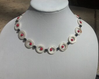 White Red Black Donut Holed Handmade Beaded Necklace