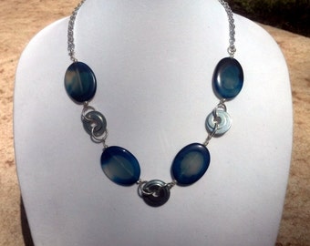 Long Blue Agate Chunky Necklace with Metal Wahers