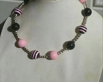 Chunky Pink and Black Striped/Solid Gum Ball Handmade Necklace