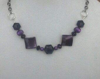 Chunky Purple Mixed Square Round Faceted Handmade Necklace