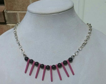 Black Onyx & Pink Wooded Spikes with Silver Chain and LG C Clasp