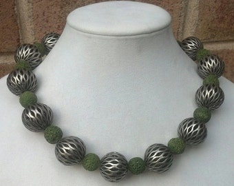 Green Lava Rock and Silver Beaded Handmade Necklace