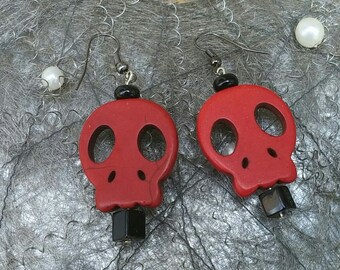 Handmade Red Sugar Skull with Black Cube Dangle Earrings