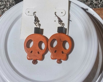 Handmade Orange Sugar Skull with Black Cube Dangle Earrings