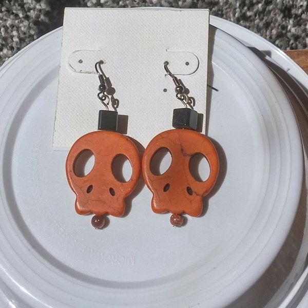 Handmade Orange Sugar Skull with Black Cube Dangle Earrings