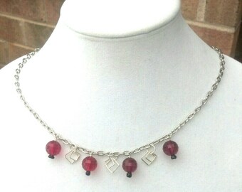 Geometric Shape Square Silver and Red/Wine Dangle Handmade Necklace