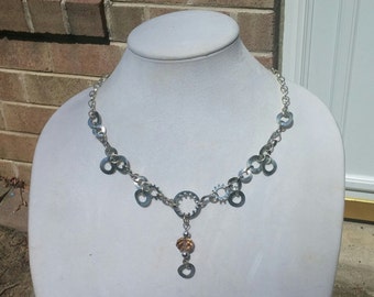 Unique handmade washer necklace with peach sparkle pendant