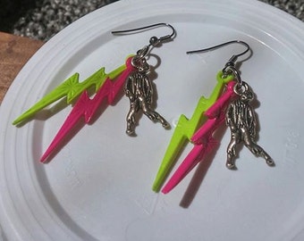 Neon Pink and Yellow Lightning Bolt and Zombie Wire Dangle Handmade Earring