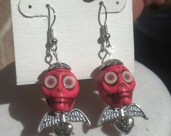Pink skull with wings and heart handmade wire dangle earring