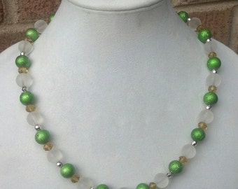 Clear frosted, silver,yellow and green drizzled handmade necklace