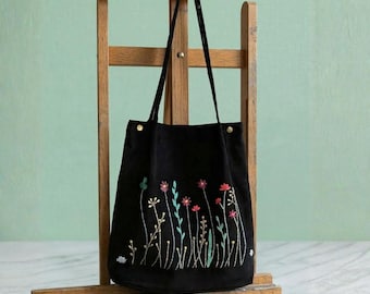 Embroidered Black Canvas Tote Bag with Wildflower Design – Handmade Shoulder Bag