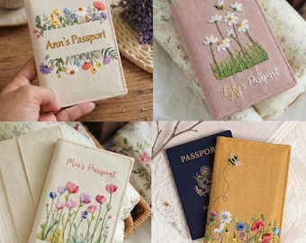 Funda de pasaporte personalizada con bordado floral a mano, estuche para pasaporte de viaje personalizado, regalo hecho a mano para mamá.