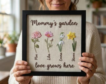 Marco de flores familiar bordado personalizado, arte de pared con nombre personalizado, regalo para mamá, bordado floral hecho a mano, regalo para el Día de la Madre, decoración del hogar