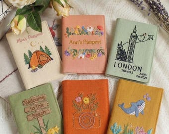 Funda de pasaporte personalizada bordada a mano, funda de pasaporte personalizada, funda de pasaporte de viaje floral, regalo hecho a mano para ella, pareja, viajero