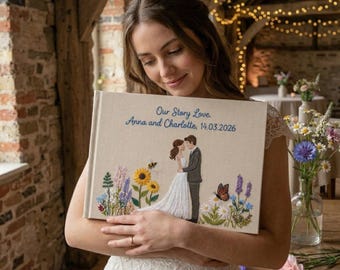 Custom Wedding Guest Book, Embroidered Linen Floral Guest Book, Polaroid Photo Guestbook, Sunflower Wildflower Wedding, Couple Portrait