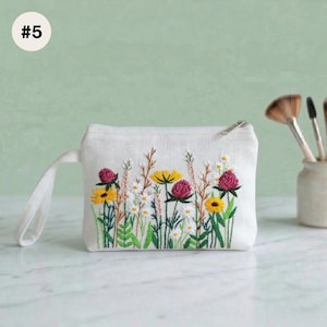 Embroidered Linen Cosmetic Bag: Wildflower Zipper Pouch, Travel Makeup Case