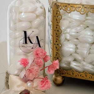 Wedding Favors – Personalized Candy Jars with Jordan Almonds & Heart Candy, Custom Names, Bows.