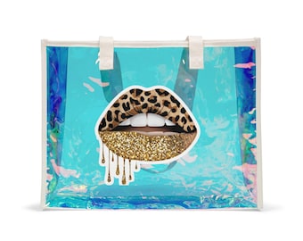 Leopard Glitter Drip Lips Tote Beach Bag | Holographic Beach Tote