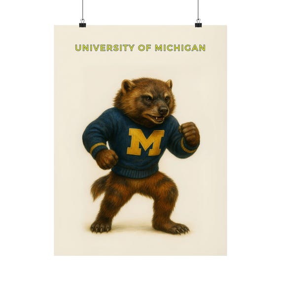 University of Michigan Mascot Poster, Matte Wall Art, College Dorm
