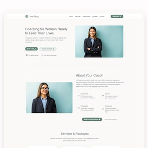 Puede incluir: Un diseño de sitio web con el título "Coaching" en la parte superior. La página incluye el texto "Coaching for Women Ready to Lead Their Lives". Hay imágenes de dos mujeres y botones que dicen "Book a Call" y "Explore services."
