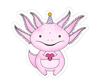 かわいいアホロートルの誕生日ステッカー、ピンクのアホロートルのハートステッカー、子供の誕生日、アホロートルの誕生日パーティー、アホロートルパーティー、アホロートルのテーマ、アホロートルの誕生日ギフト
