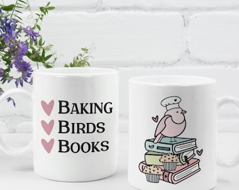 Baking Birds Books Ceramic Mug Quiet Hobbies Mug Adult Hobbies Mug Chubby Bird on Books with Muffins Elderly Geriatric Millennial Gift Mug