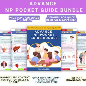Puede incluir: Un conjunto de guías de estudio titulado "ADVANCE NP POCKET GUIDE BUNDLE" con el texto "WIDE TOPIC COVERAGE 15 + TOPICS" y "DESIGNED FOR QUICK REVISION & EXAM PREP". La portada presenta ilustraciones de personas y las palabras "New Edition 2026".