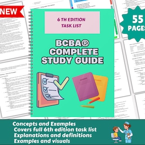 Op de afbeelding: Een spiraalgebonden studiehandleiding met een groene kaft. De kaft toont de tekst "BCBA Complete Study Guide" en "6th Edition Task List". De kaft bevat illustraties van een klembord, notitieboekjes en potloden. De gids is gelabeld "Nieuw" en heeft 55 pagina's.