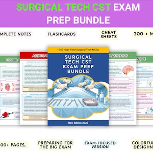 May include: A prep bundle for the Surgical Tech CST Exam. The image shows a collection of study materials, including flashcards, cheat sheets, and complete notes. The bundle includes 300+ MCQs and is exam-focused.
