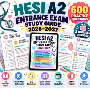 May include: HESI A2 Entrance Exam Study Guide 2026-2027 featuring 600 practice questions, 3 bonuses, and digital download. Includes practice questions, detailed rationales, quick review cheat sheets, flashcards, and a 7-day study plan for topics like reading, grammar, vocabulary, math, biology, anatomy, physiology, and chemistry.