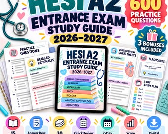 HESI A2 Nursing Entrance Exam Study Bundle 2026-2027 ,Flashcards, Cheat Sheets & 7-Day Plan (Digital Download)