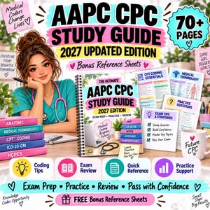 Puede incluir: Una guía de estudio AAPC CPC 2027 encuadernada en espiral con hojas de referencia adicionales, que incluye una pila de cinco libros coloridos etiquetados Anatomy, Medical Terminology, CPT Coding, ICD-10-CM y HCPCS, y una taza blanca con el texto Future CPC.