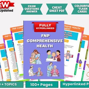 Op de afbeelding: Studiehulpmiddelen met "FNP Comprehensive Health" met illustraties van mensen. Inclusief "Exam Questions Answer" en "Cheat Sheet PDF." De afbeelding is gelabeld met "2026 Updated" en "100+ Pages."